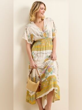 SEAS Boutique Boho Floral V-Neck Midi Dress in Cream and Mustard: Large
